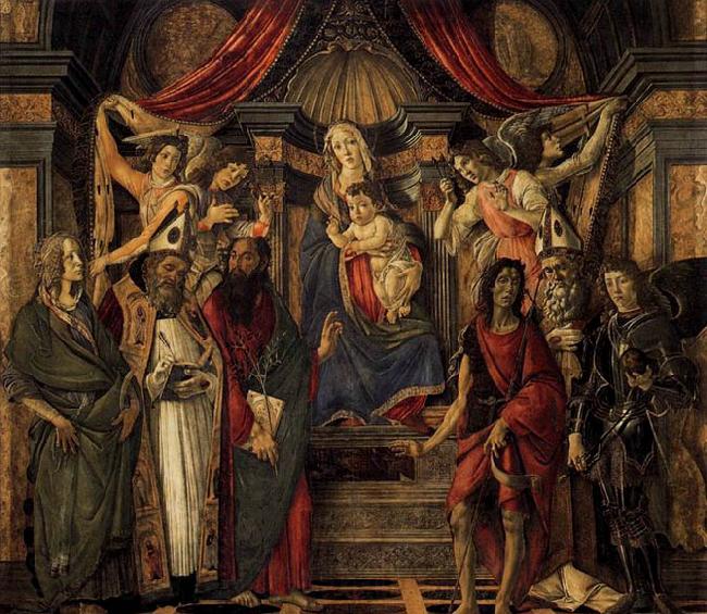 BOTTICELLI, Sandro The Virgin and Child with Four Angels and Six Saints Norge oil painting art